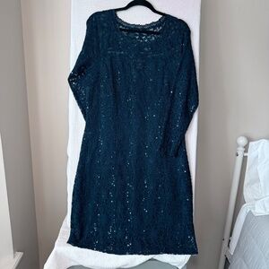 Candidate Blue Sequined Mid Length Long Sleeved Dress with Stretch Sz 1X NWT